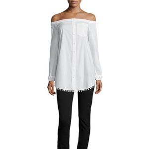 10crosby poplin off the shoulder Pompom shirtdres